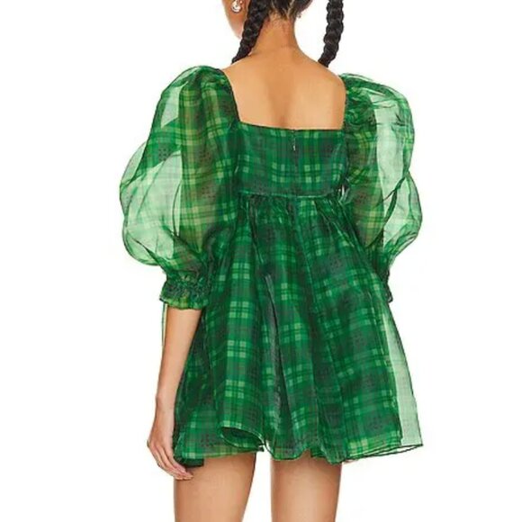 Selkie The Beth Plaid Puff Mini Dress Small Green Checks - Picture 13 of 13